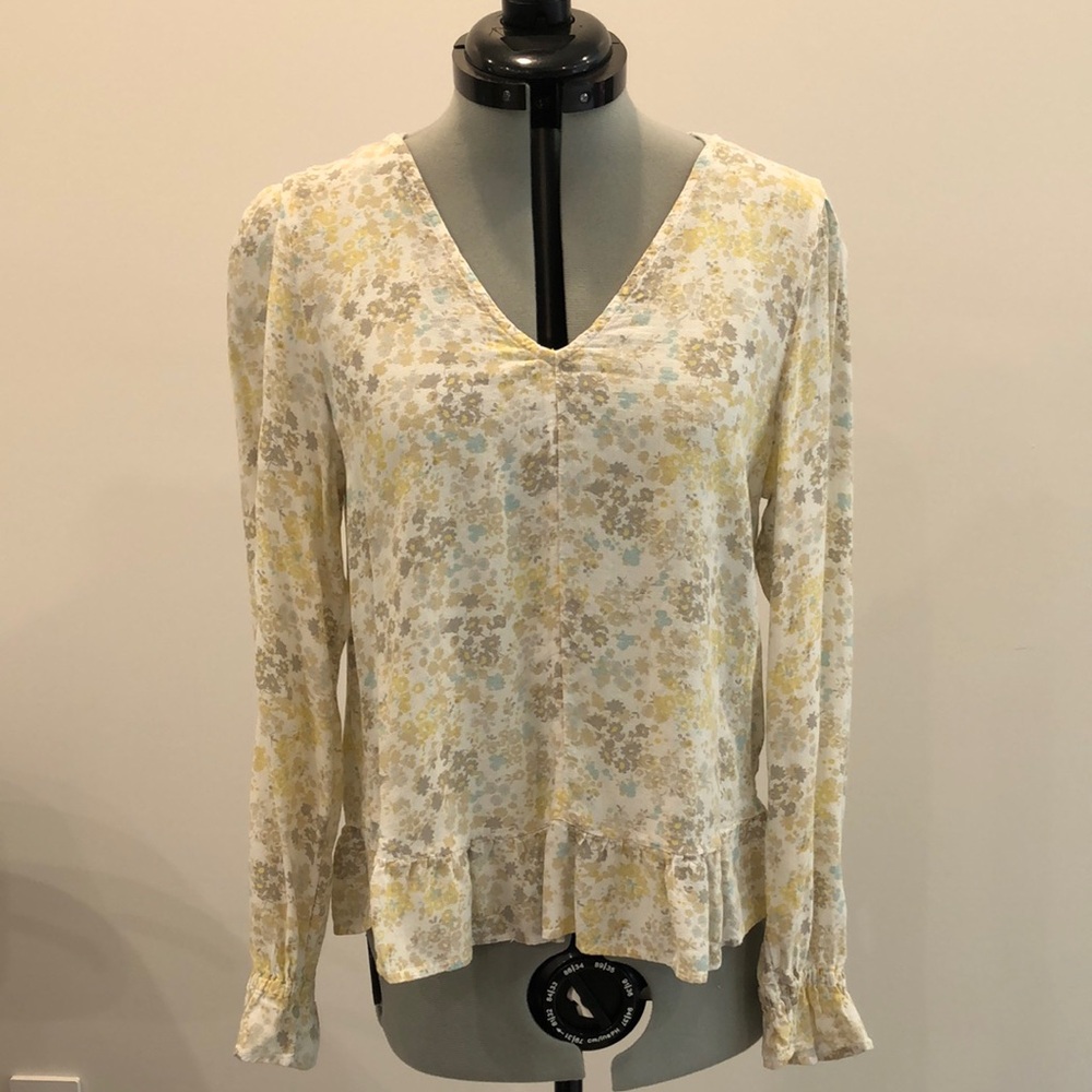 Lucky Brand V-Neck Long Sleeve Floral Blouse in Cream, Yellow, Teal, and Taupe